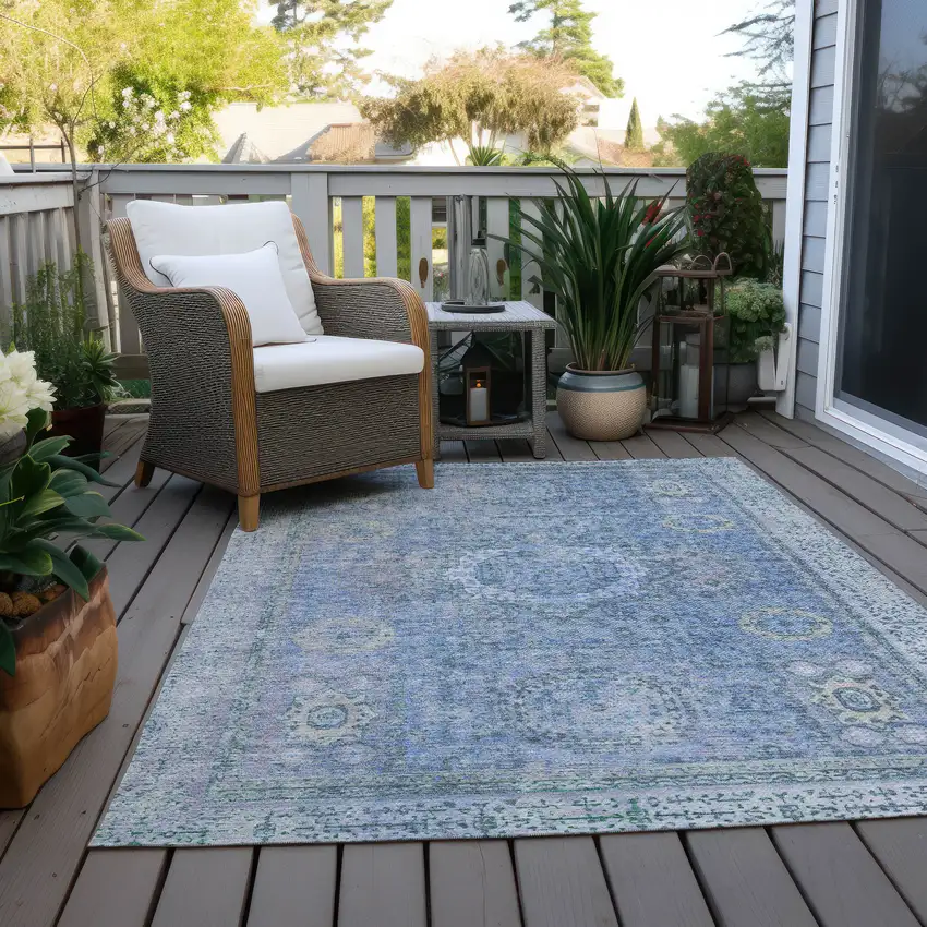 Blue And Ivory Floral Medallion Washable Indoor Outdoor Area Rug Photo 5