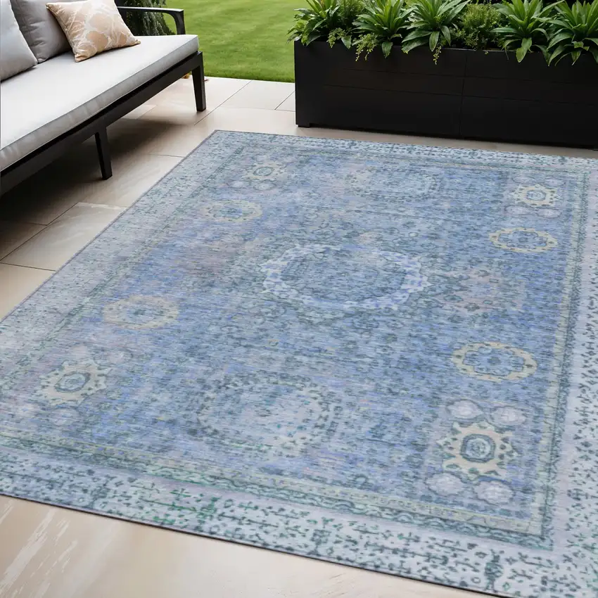 Blue And Ivory Floral Medallion Washable Indoor Outdoor Area Rug Photo 2