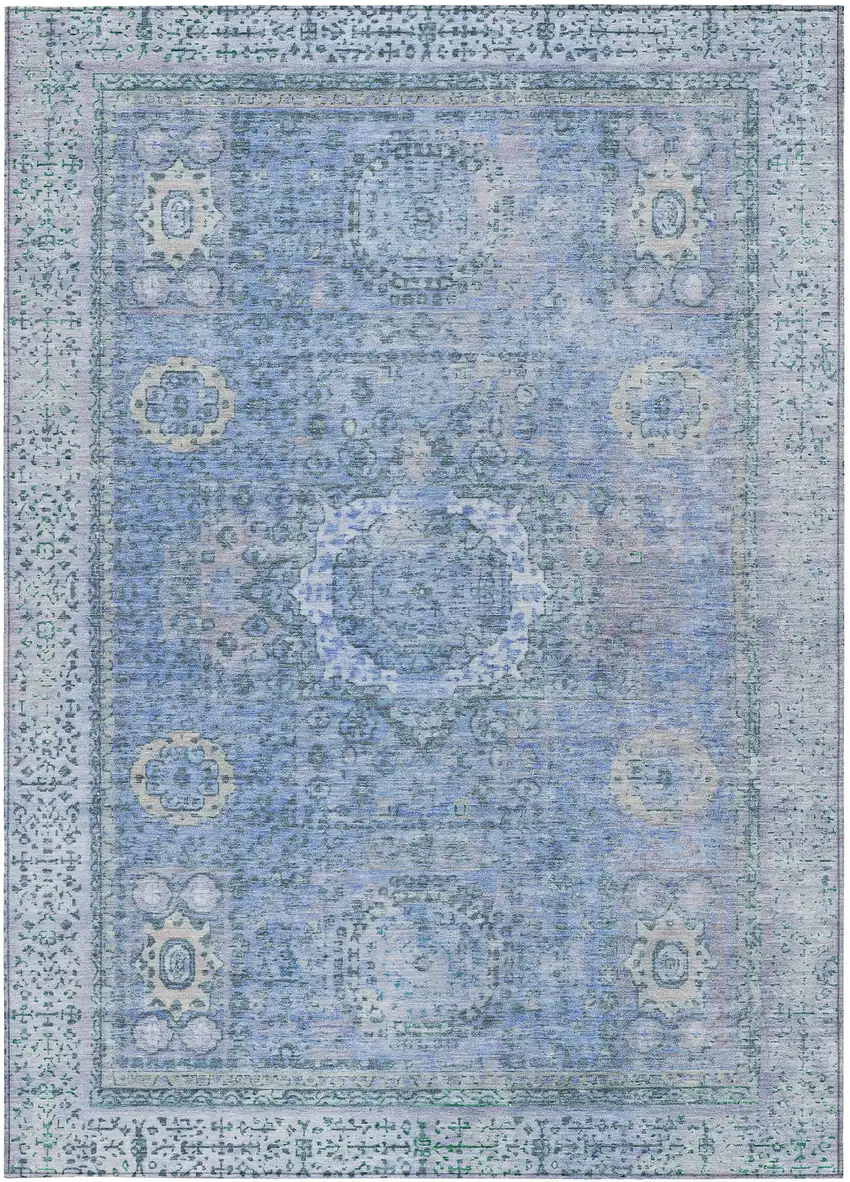 Blue And Ivory Floral Medallion Washable Indoor Outdoor Area Rug Photo 3