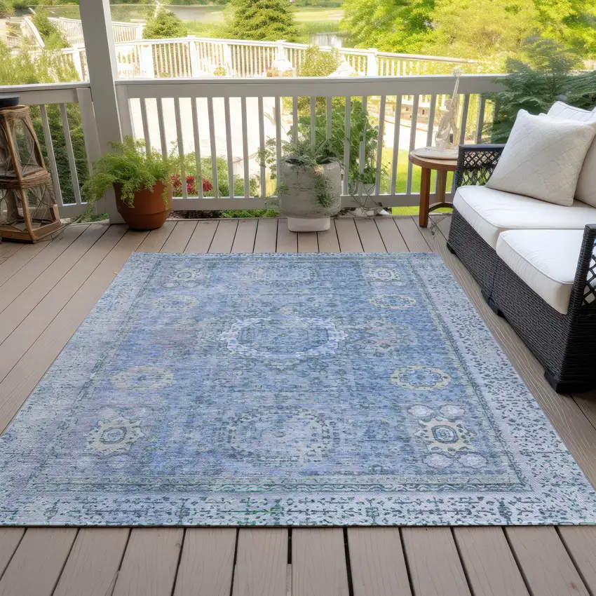 Blue And Ivory Floral Medallion Washable Indoor Outdoor Area Rug Photo 8