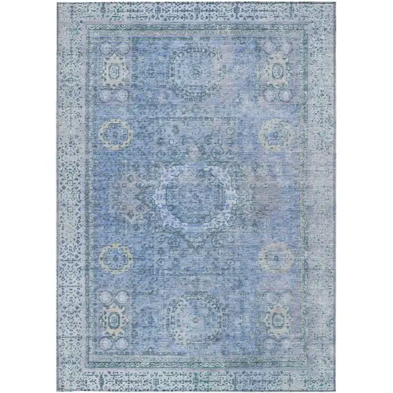 Blue And Ivory Floral Medallion Washable Indoor Outdoor Area Rug Photo 3