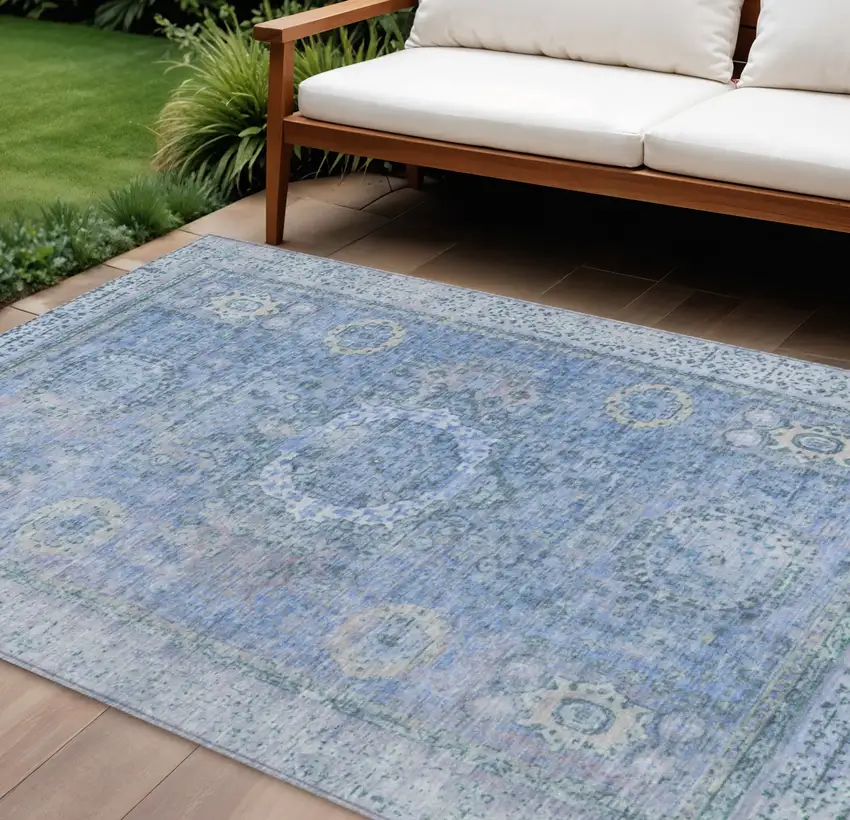 Blue And Ivory Floral Medallion Washable Indoor Outdoor Area Rug Photo 2
