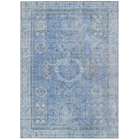 Blue And Ivory Floral Medallion Washable Indoor Outdoor Area Rug Photo 4