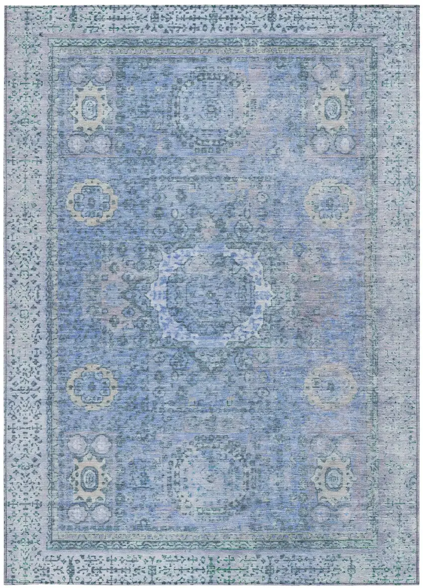Blue And Ivory Floral Medallion Washable Indoor Outdoor Area Rug Photo 4