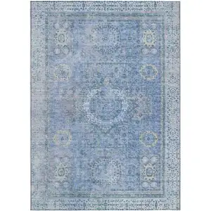 Photo of Blue And Ivory Floral Medallion Washable Indoor Outdoor Area Rug