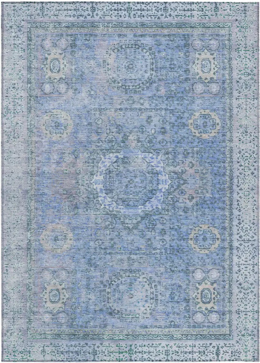 Blue And Ivory Floral Medallion Washable Indoor Outdoor Area Rug Photo 1