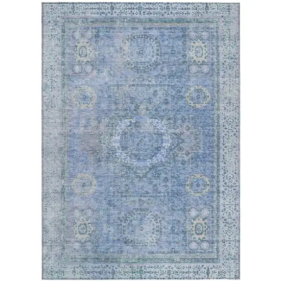 Blue And Ivory Floral Medallion Washable Indoor Outdoor Area Rug Photo 2