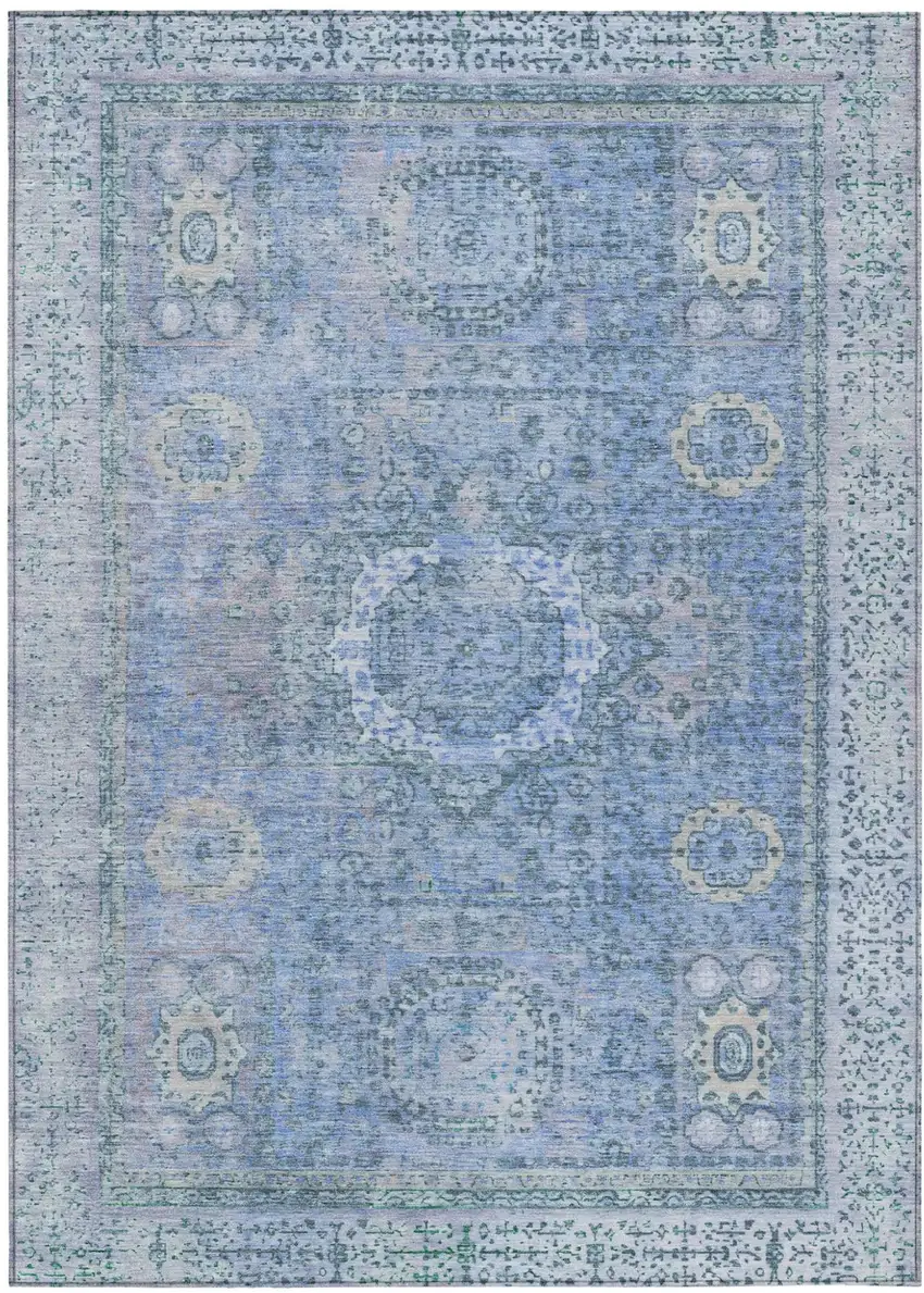 Blue And Ivory Floral Medallion Washable Indoor Outdoor Area Rug Photo 2