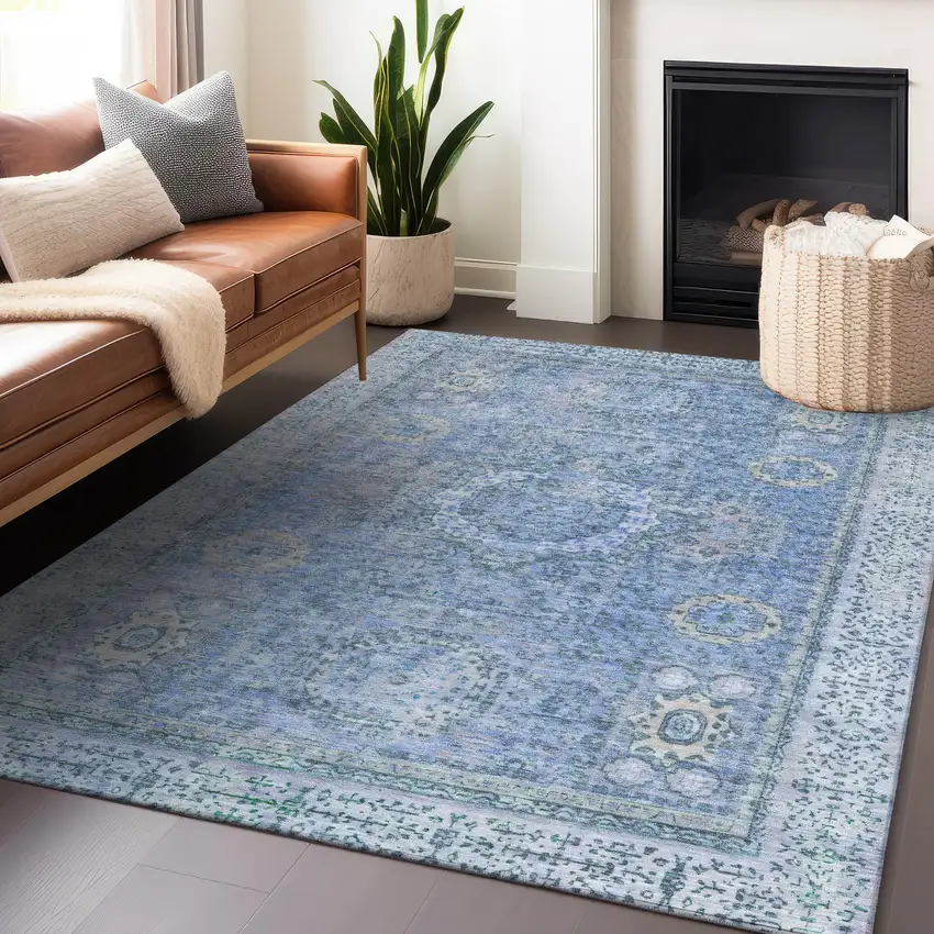 Blue And Ivory Floral Medallion Washable Indoor Outdoor Area Rug Photo 6