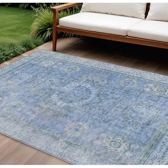 Blue And Ivory Floral Medallion Washable Indoor Outdoor Area Rug Photo 2