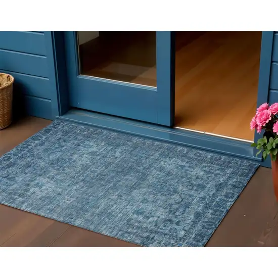 Blue And Ivory Floral Medallion Washable Indoor Outdoor Area Rug Photo 2