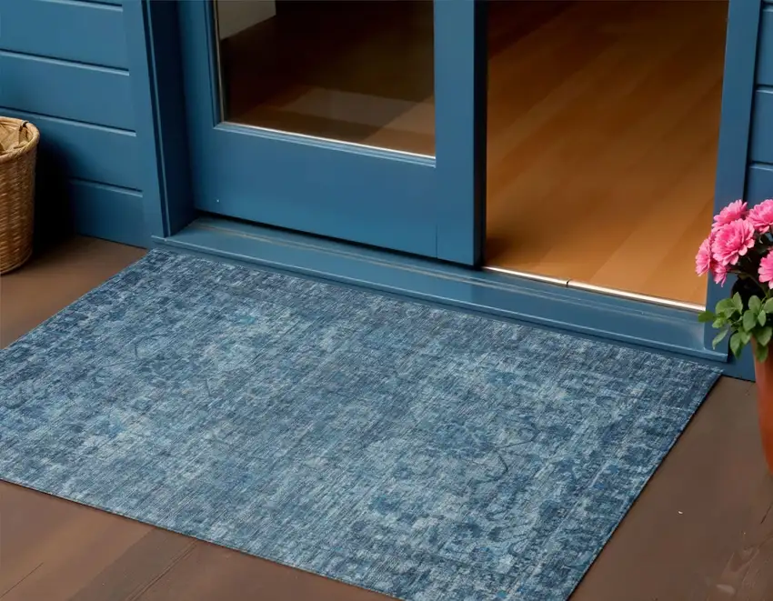 Blue And Ivory Floral Medallion Washable Indoor Outdoor Area Rug Photo 2