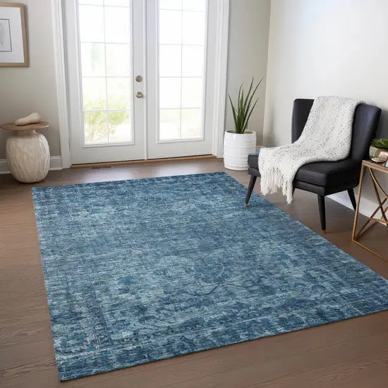Blue And Ivory Floral Medallion Washable Indoor Outdoor Area Rug Photo 6