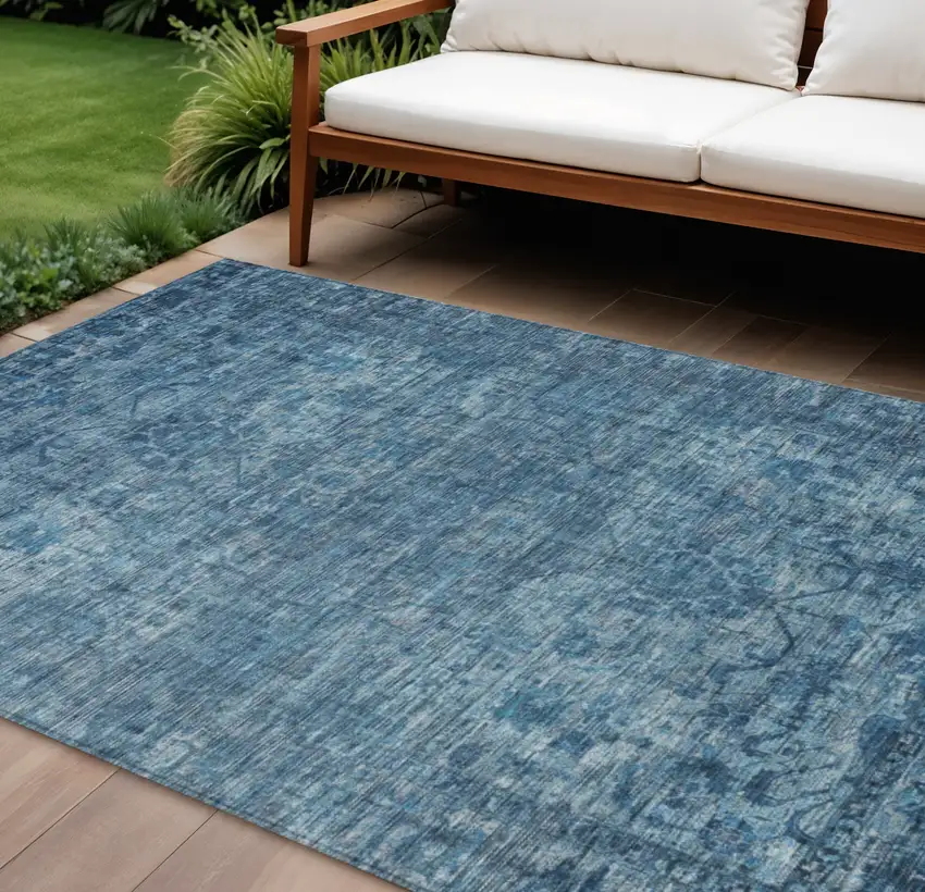 Blue And Ivory Floral Medallion Washable Indoor Outdoor Area Rug Photo 2