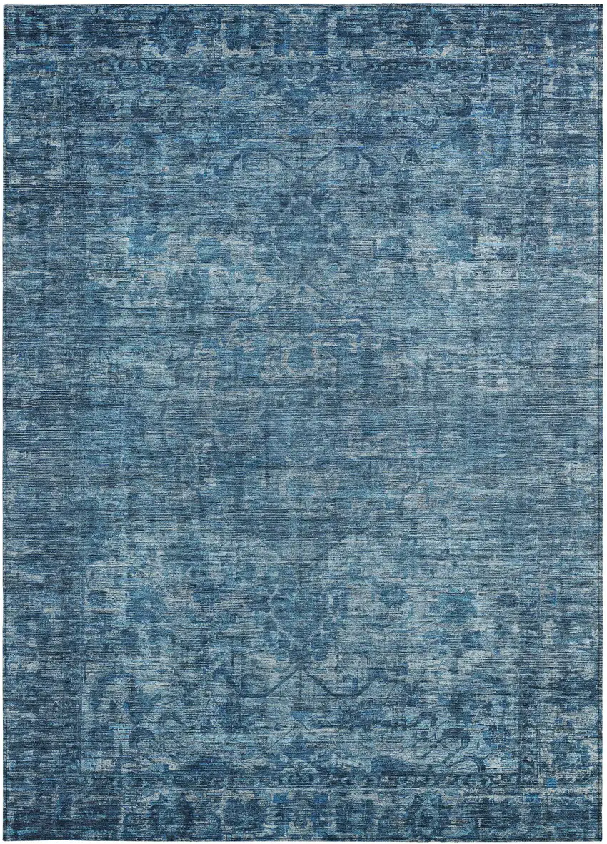 Blue And Ivory Floral Medallion Washable Indoor Outdoor Area Rug Photo 3