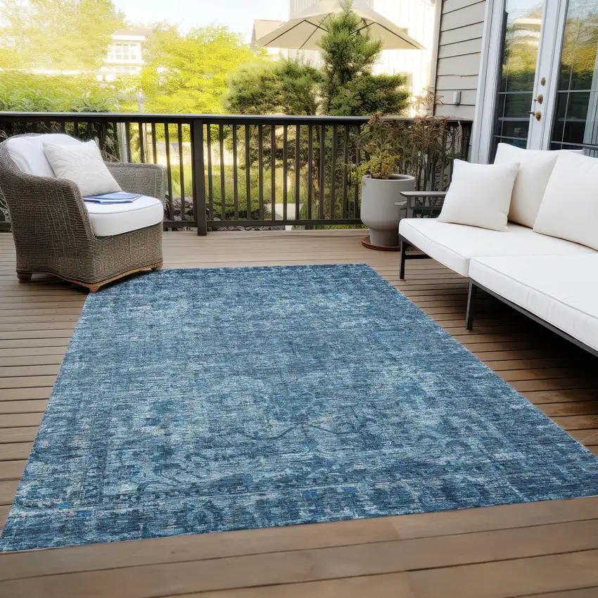 Blue And Ivory Floral Medallion Washable Indoor Outdoor Area Rug Photo 8