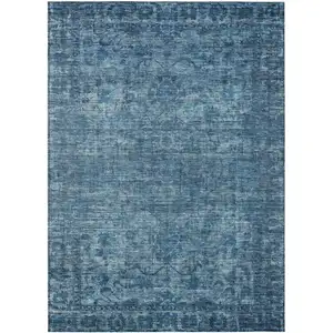Photo of Blue And Ivory Floral Medallion Washable Indoor Outdoor Area Rug