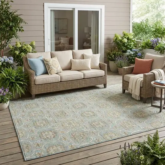 Blue And Ivory Floral Medallion Washable Indoor Outdoor Area Rug Photo 1