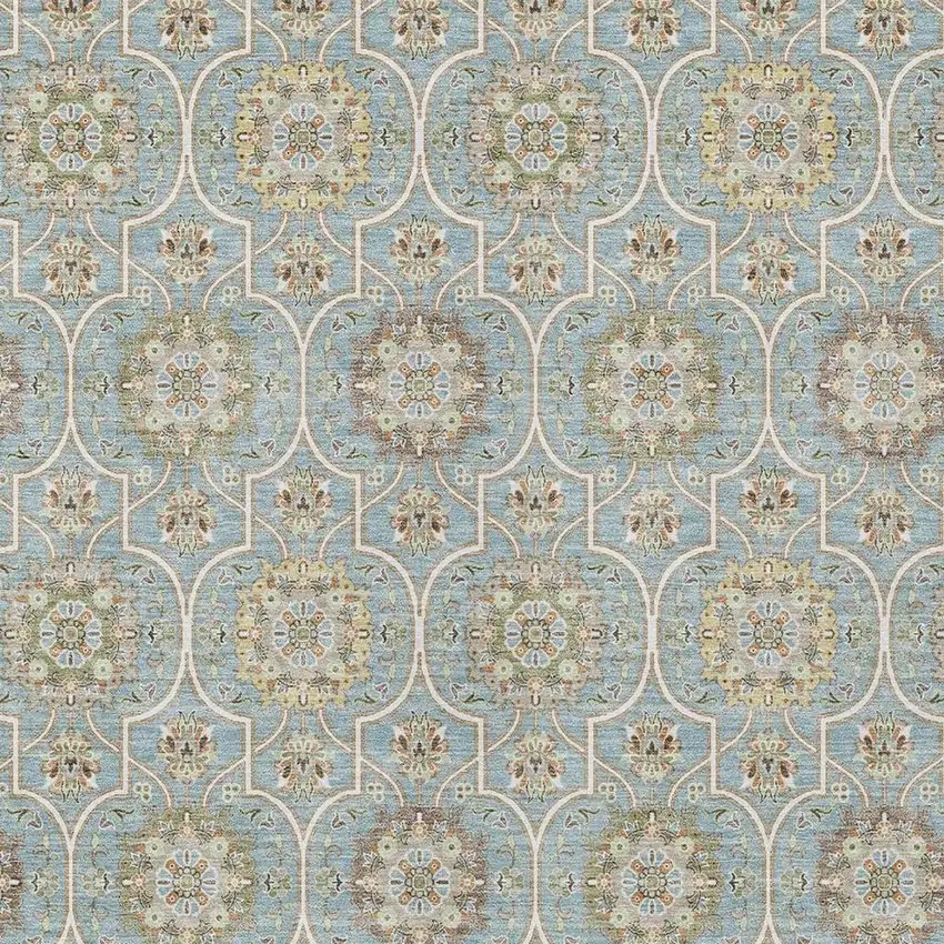 Blue And Ivory Floral Medallion Washable Indoor Outdoor Area Rug Photo 3