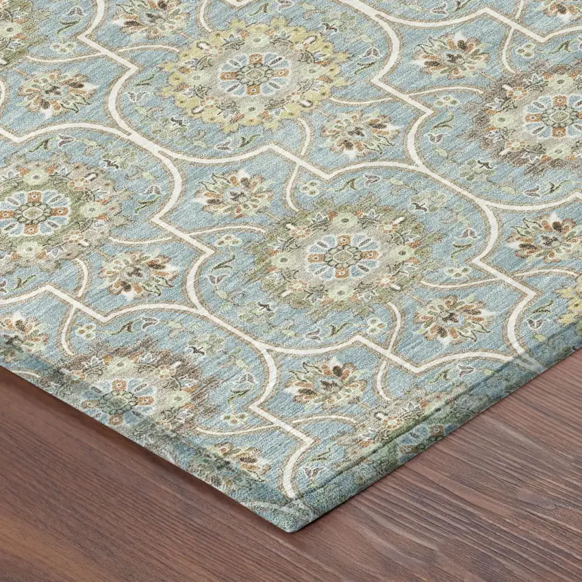 Blue And Ivory Floral Medallion Washable Indoor Outdoor Area Rug Photo 7