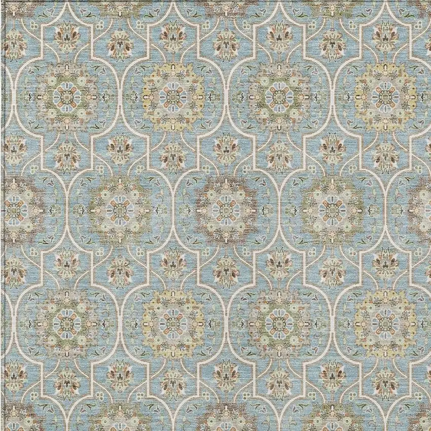 Blue And Ivory Floral Medallion Washable Indoor Outdoor Area Rug Photo 5