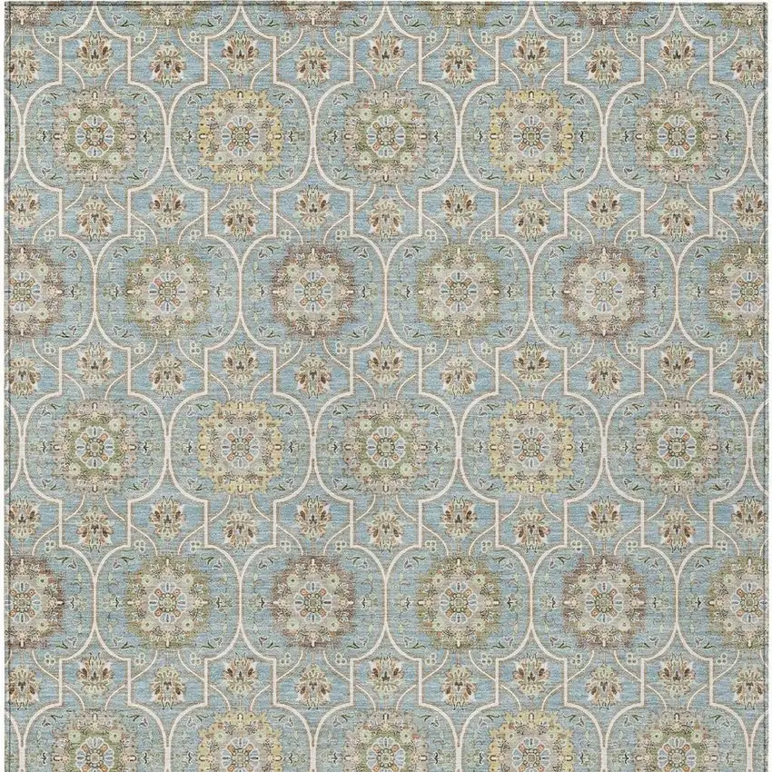 Blue And Ivory Floral Medallion Washable Indoor Outdoor Area Rug Photo 6