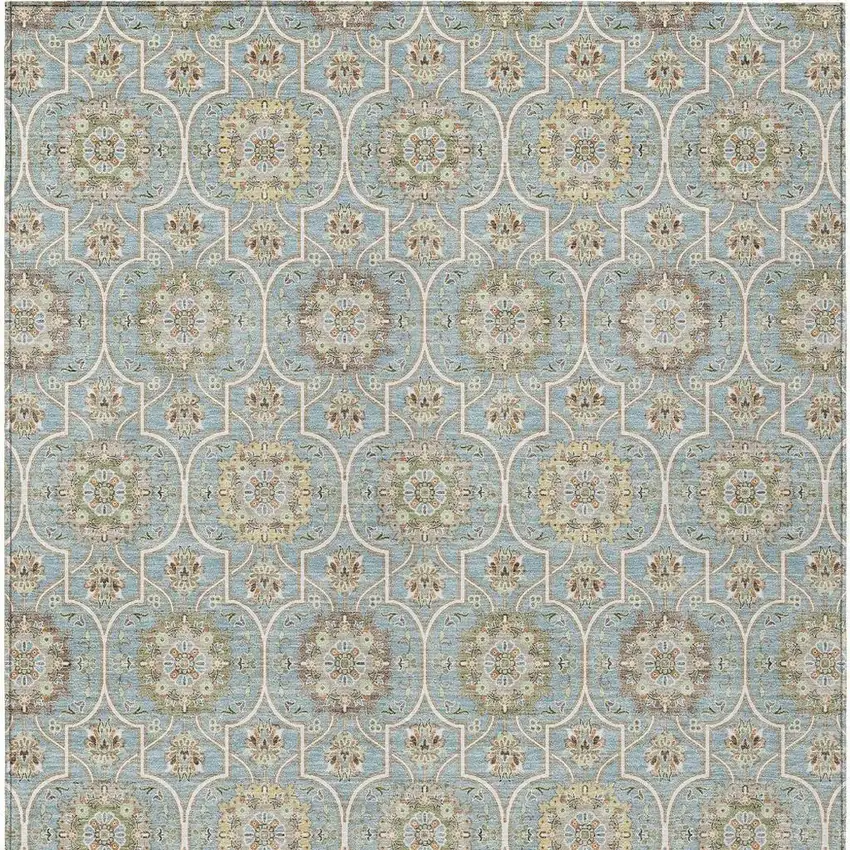 Blue And Ivory Floral Medallion Washable Indoor Outdoor Area Rug Photo 4