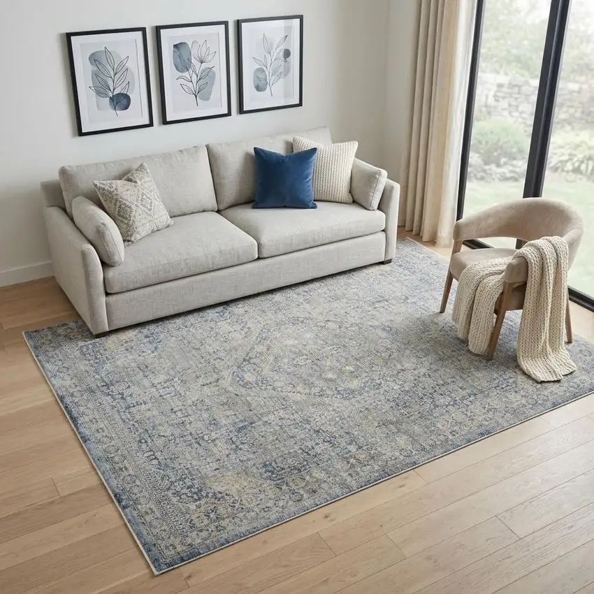 Blue And Ivory Floral Non Skid Area Rug With Fringe Photo 1