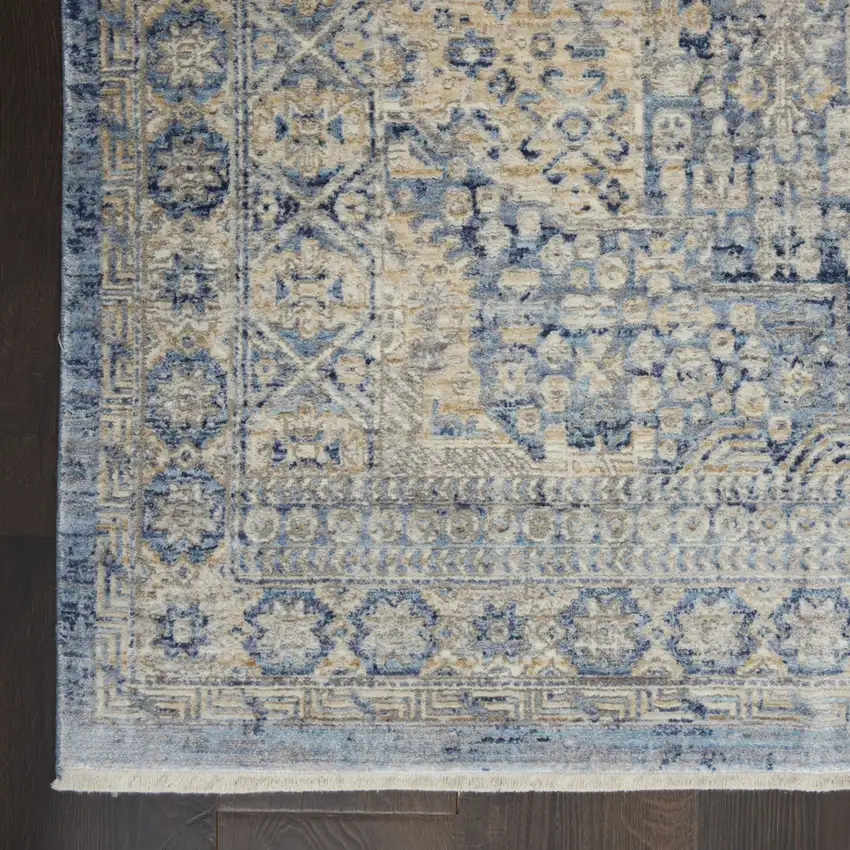 Blue And Ivory Floral Non Skid Area Rug With Fringe Photo 9