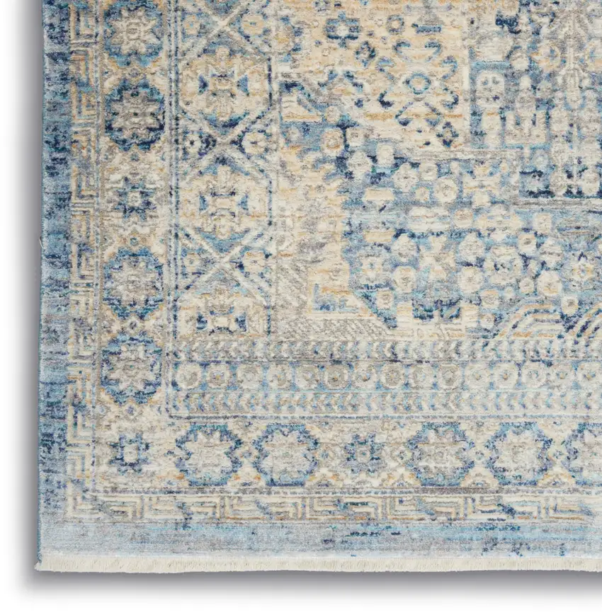 Blue And Ivory Floral Non Skid Area Rug With Fringe Photo 8