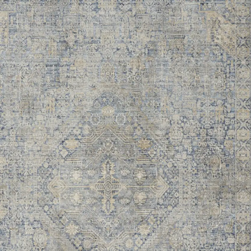 Blue And Ivory Floral Non Skid Area Rug With Fringe Photo 5
