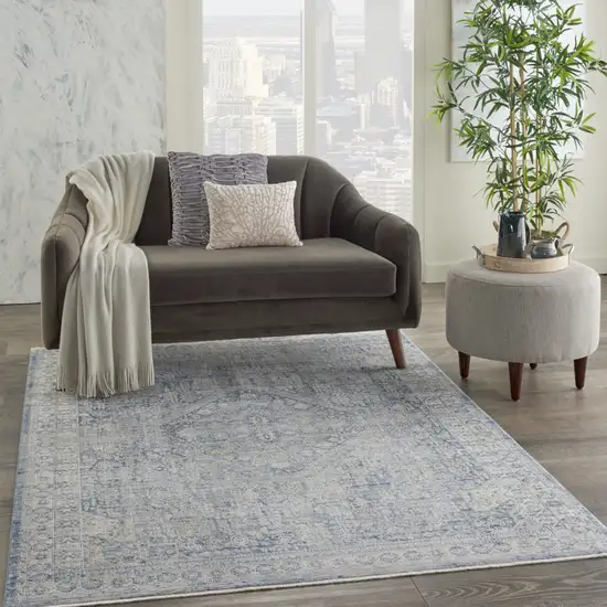 Blue And Ivory Floral Non Skid Area Rug With Fringe Photo 4