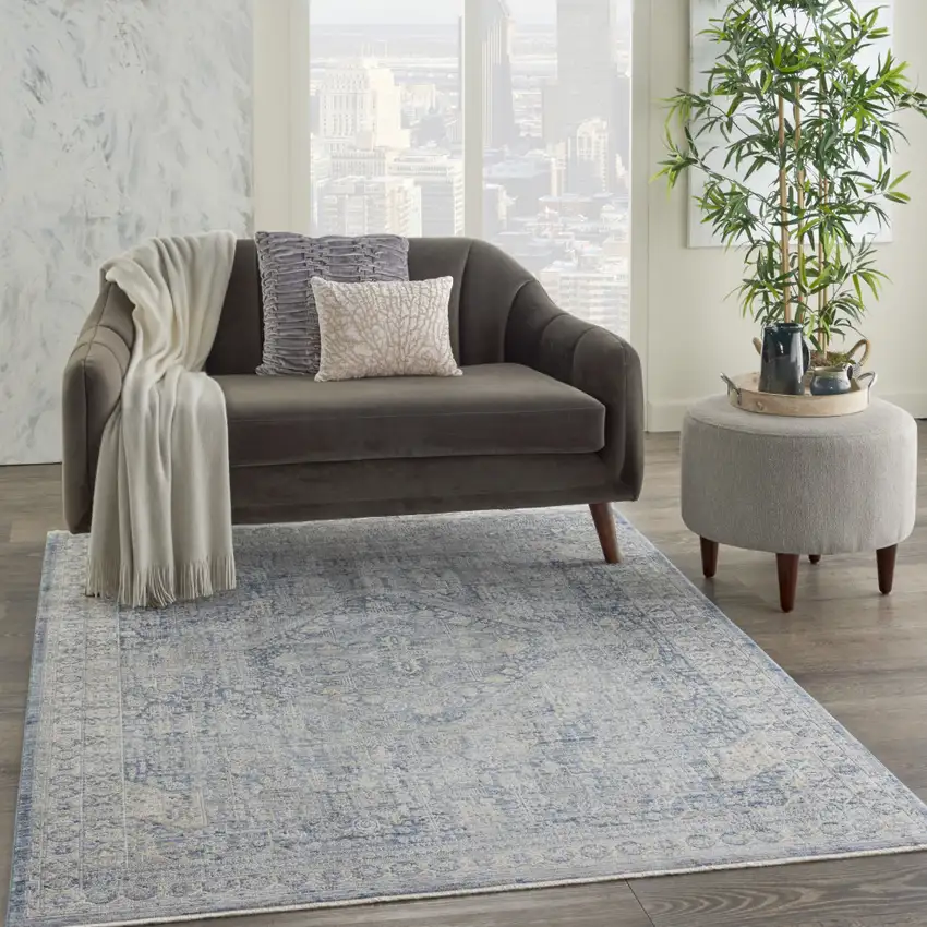Blue And Ivory Floral Non Skid Area Rug With Fringe Photo 4