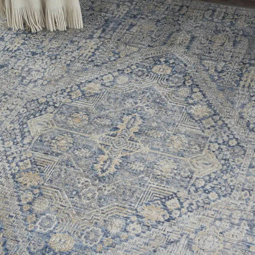 Blue And Ivory Floral Non Skid Area Rug With Fringe Photo 9