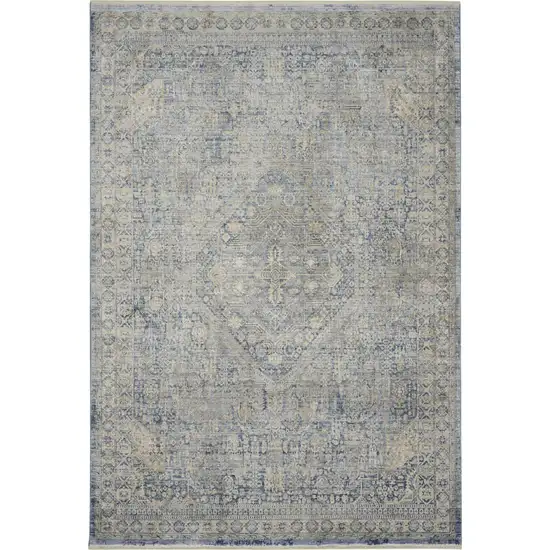 Blue And Ivory Floral Non Skid Area Rug With Fringe Photo 2