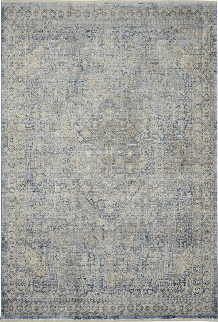 Blue And Ivory Floral Non Skid Area Rug With Fringe Photo 2