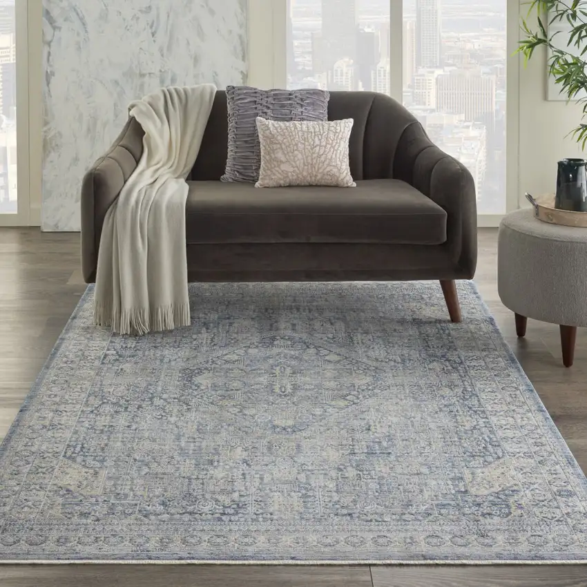 Blue And Ivory Floral Non Skid Area Rug With Fringe Photo 3