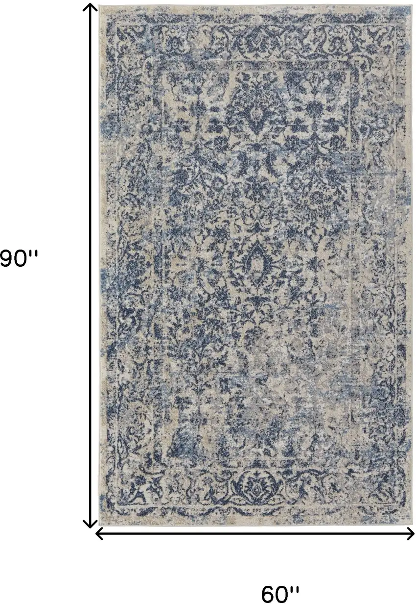 Blue And Ivory Floral Power Loom Distressed Area Rug Photo 4