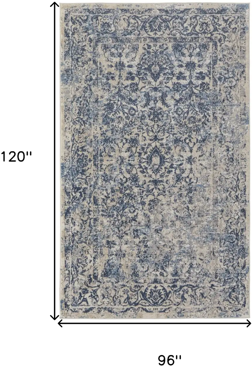 Blue And Ivory Floral Power Loom Distressed Area Rug Photo 10