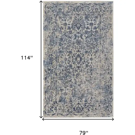 Blue And Ivory Floral Power Loom Distressed Area Rug Photo 10
