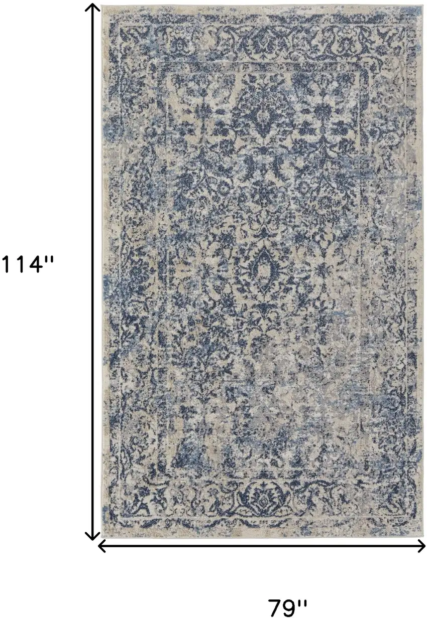 Blue And Ivory Floral Power Loom Distressed Area Rug Photo 10