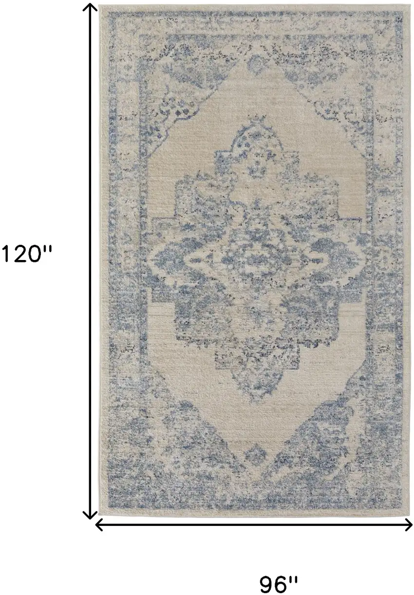 Blue And Ivory Floral Power Loom Distressed Area Rug Photo 10