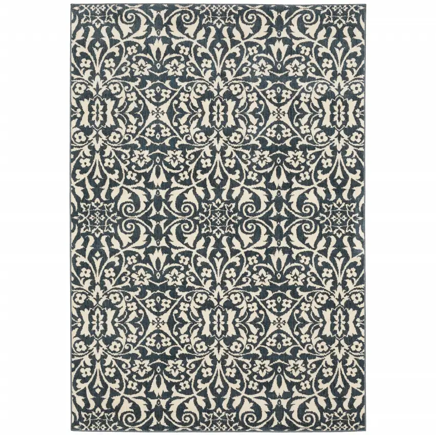 Blue And Ivory Floral Power Loom Stain Resistant Area Rug Photo 1