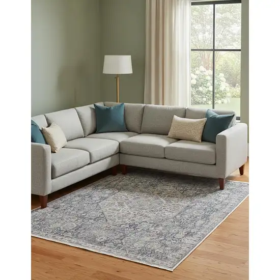 Blue And Ivory Floral Power Loom Stain Resistant Area Rug Photo 1