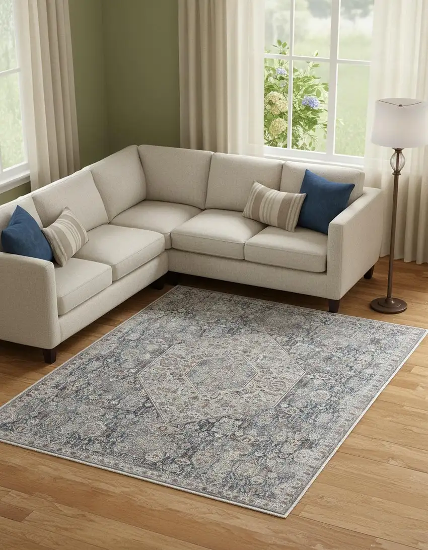 Blue And Ivory Floral Power Loom Stain Resistant Area Rug Photo 1