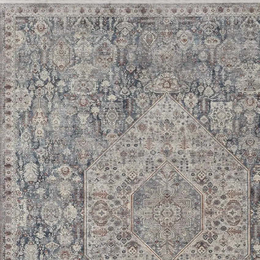 Blue And Ivory Floral Power Loom Stain Resistant Area Rug Photo 3