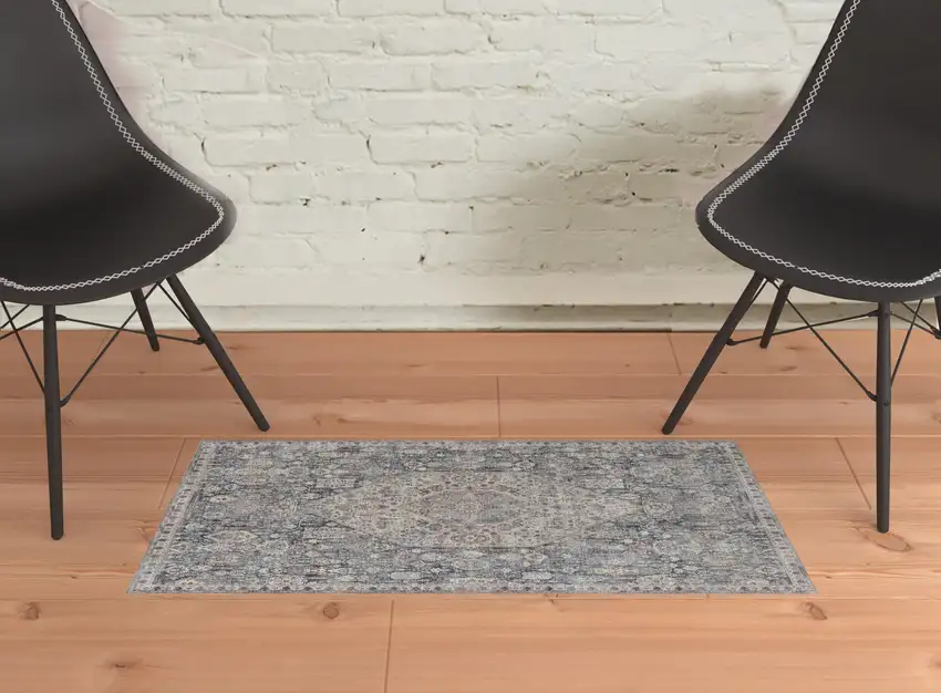 Blue And Ivory Floral Power Loom Stain Resistant Area Rug Photo 2