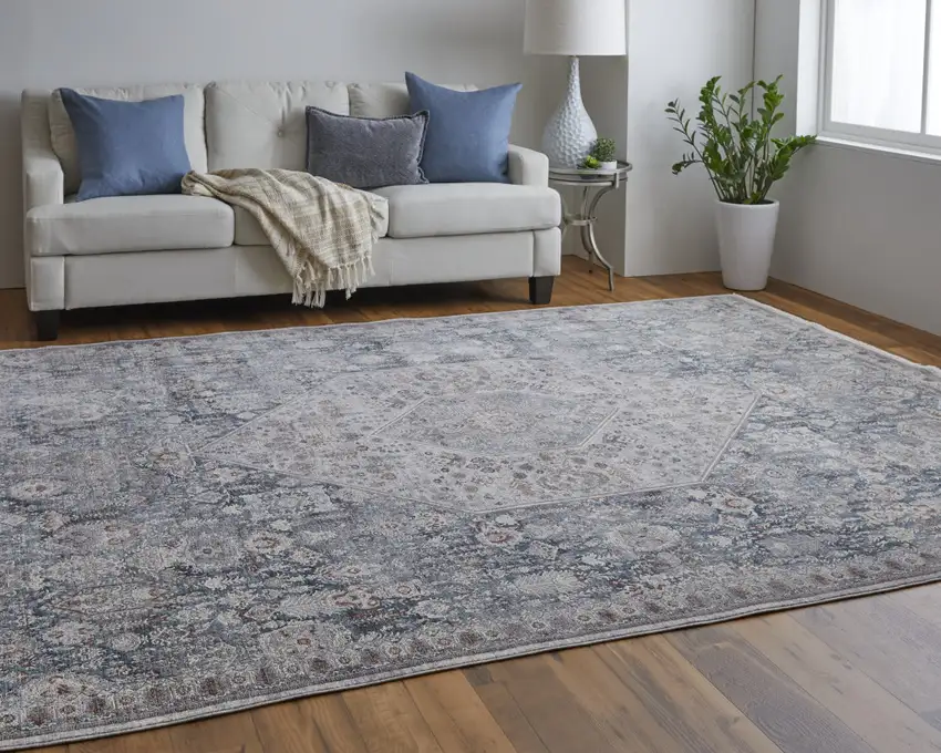 Blue And Ivory Floral Power Loom Stain Resistant Area Rug Photo 9
