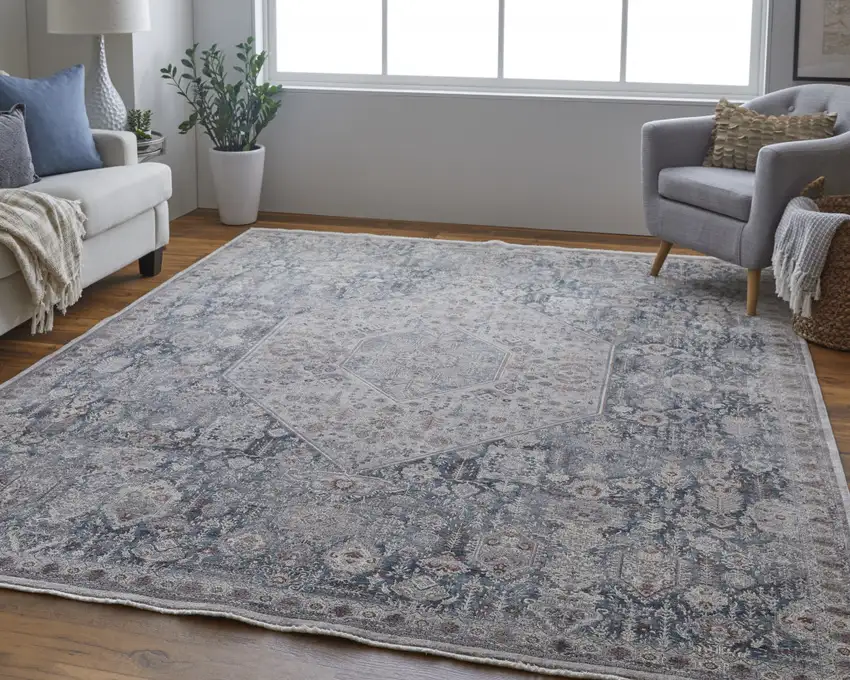 Blue And Ivory Floral Power Loom Stain Resistant Area Rug Photo 7