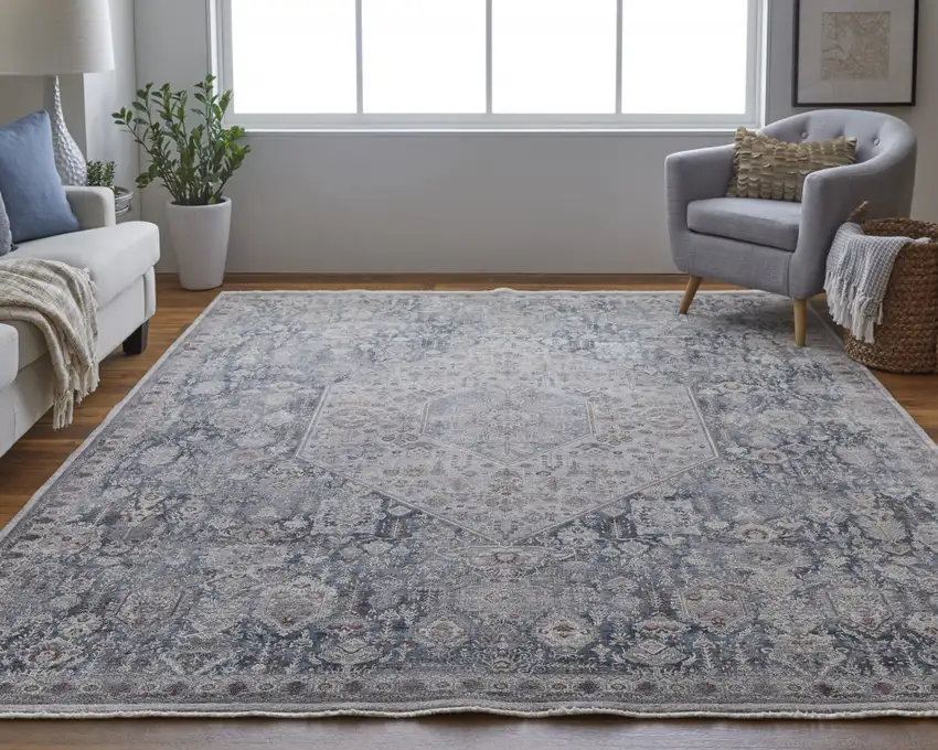 Blue And Ivory Floral Power Loom Stain Resistant Area Rug Photo 8